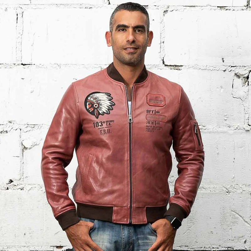 

AVIREX FLY Air Force Flight Jacket slim Sheepskin Genuine Leather Jacket Men Casual Baseball Leather Coat Solid Bomber Jacket