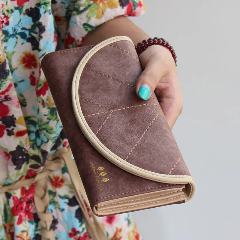 New Arrival Korean Envelope Women Matte Leather Wallets Embroidered Leaves Multi-card Ms. Wallet Simple Money Purse Card Holder