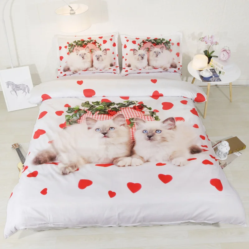 Fanaijia cat Bedding Set queen size Cartoon cat flower Duvet Cover set