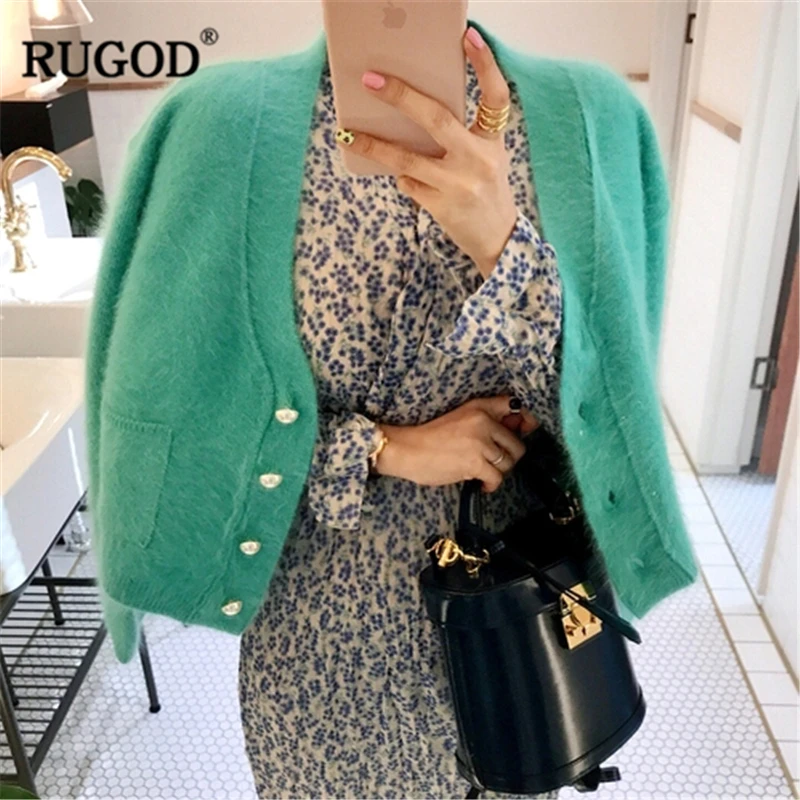 

RUGOD 2019 New Autumn Casual Vintage Sweet Style Single Breasted full Sleeve V-Neck Pearl Button Solid Light Green fresh sweater