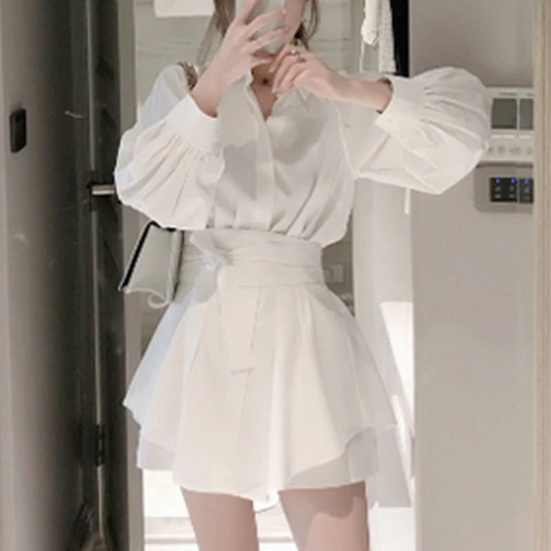 

Fashion Women White Long Shirts Two Piece Shorts Sets Lantern Sleeve Blouse + Wide Leg Pants Suits Office Ladies Clothing Sets
