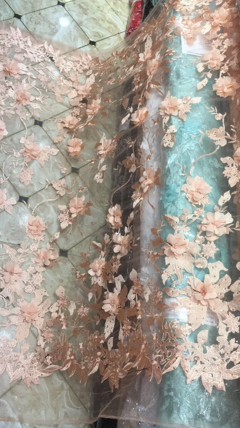 

3D flower embroidered tulle lace fabric with beads high quality french net lace fabric