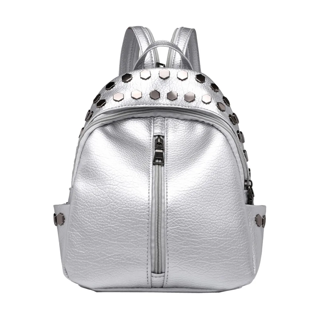 Женский рюкзак для девочек-подростков из искусственной кожи в консервативном стиле, школьный рюкзак с серебряными заклепками, женская сумка, рюкзак для путешествий - Цвет: Серебристый