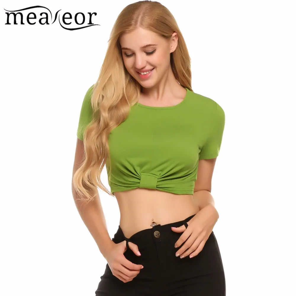 Meaneor Front Tie Short Pullover Sexy T-shirt Women's O-Neck Short Sleeve Solid T-shirts Tops Summer Casual T-shirt Clothing