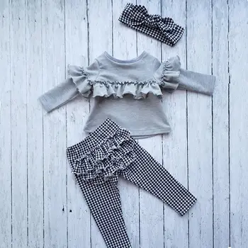 

3 Pieces Ruffled Long sleeve T shirt and Ruffles Plaid Pant with Headband Set For Toddler Girl Clothes