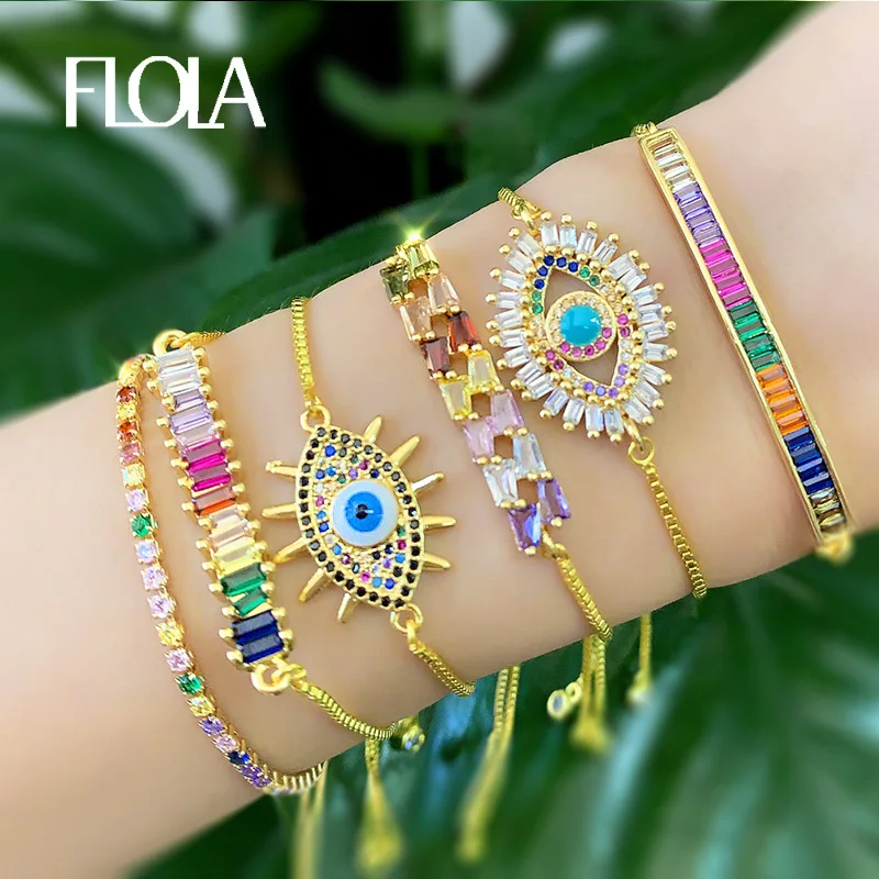 

FLOLA Gold Evil Eye Bracelet Women 2019 CZ Rainbow Turkish Blue Eye Bracelet Girls Evil Eye Jewelry ojo turco brtb54