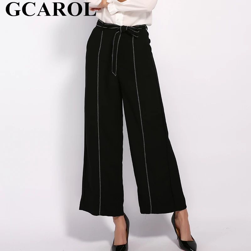 

GCAROL 2019 Women Stripe OL Pants With Sashes Elegant High Wait Drape OL Suit Pants High Quality Fall Winter Wide Leg Trousers
