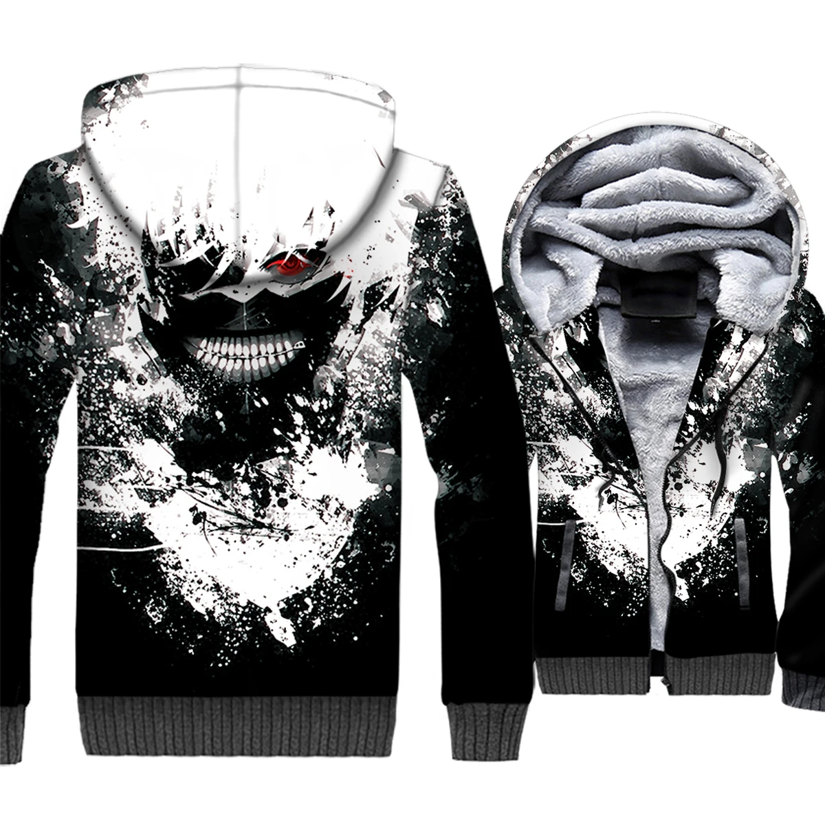 

Tokyo Ghoul Kaneki Ken Jacket 3D Print Hoodie Men Harajuku Hooded Sweatshirt Winter Thick Fleece Zip up Coat Hip Hop Streetwear