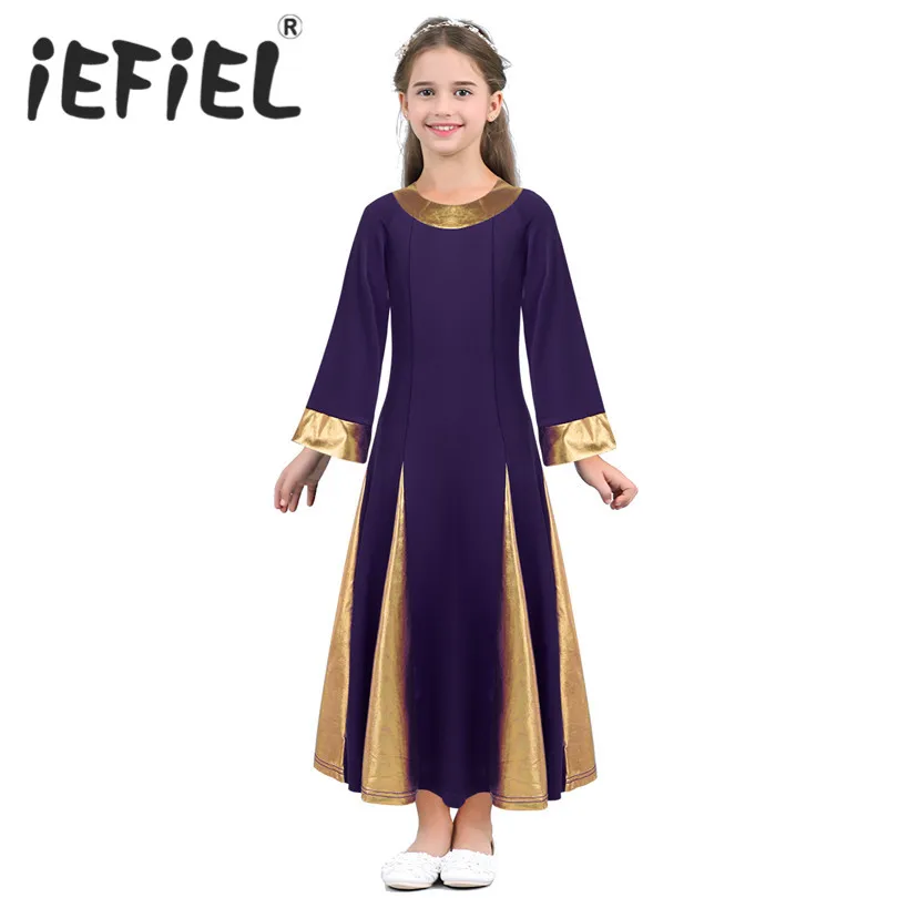 

iEFiEL Kids Girls Child Long Sleeves Metallic Collar and Cuffs Robe Ballet Dance Dress for Celebration of Spirit Praise Dance