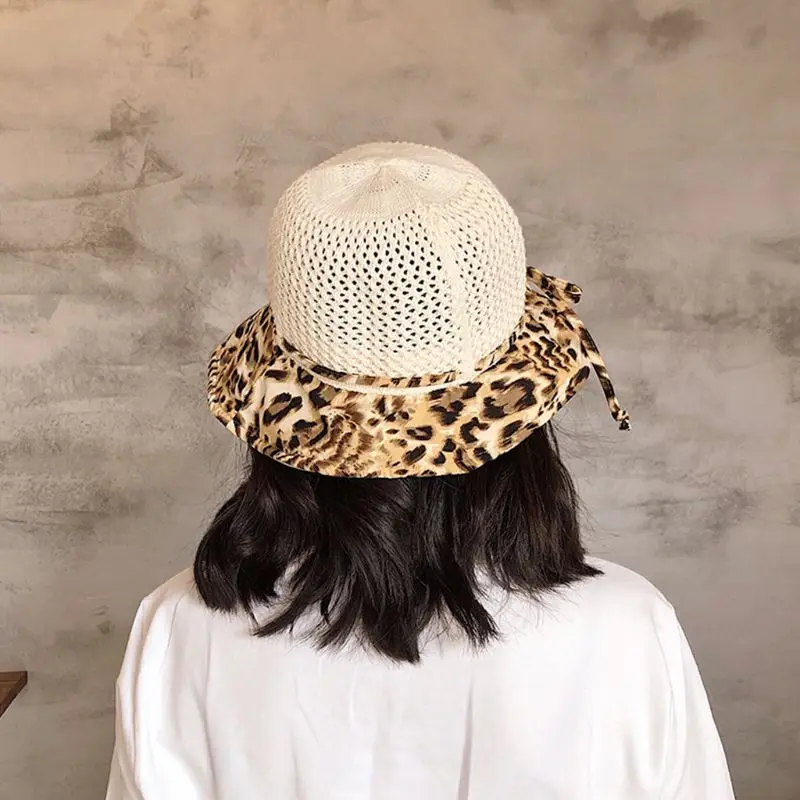 Женская винтажная леопардовая Рыбацкая шляпа с выдалбливающимся плетением, вязанный топ с бантом, летняя Складная пляжная Солнцезащитная