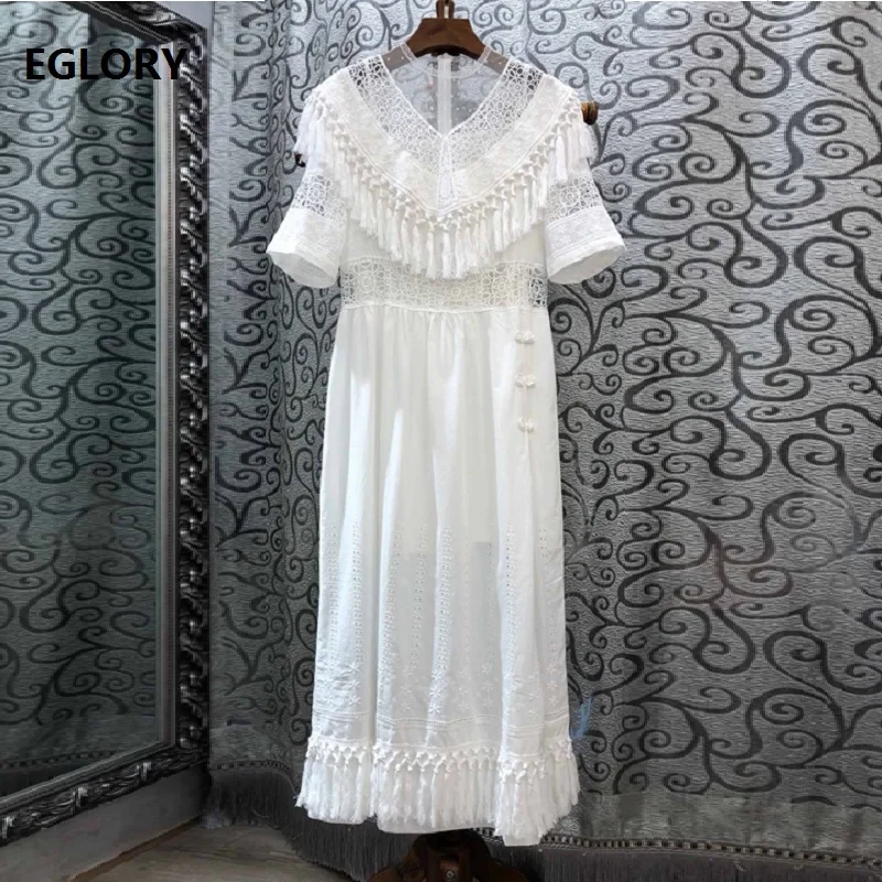 

Tassel Party Elegant Dress 2019 Summer Fashion White Dress High Quality Women Hollow Out Embroidery Short Sleeve Vintage Dress