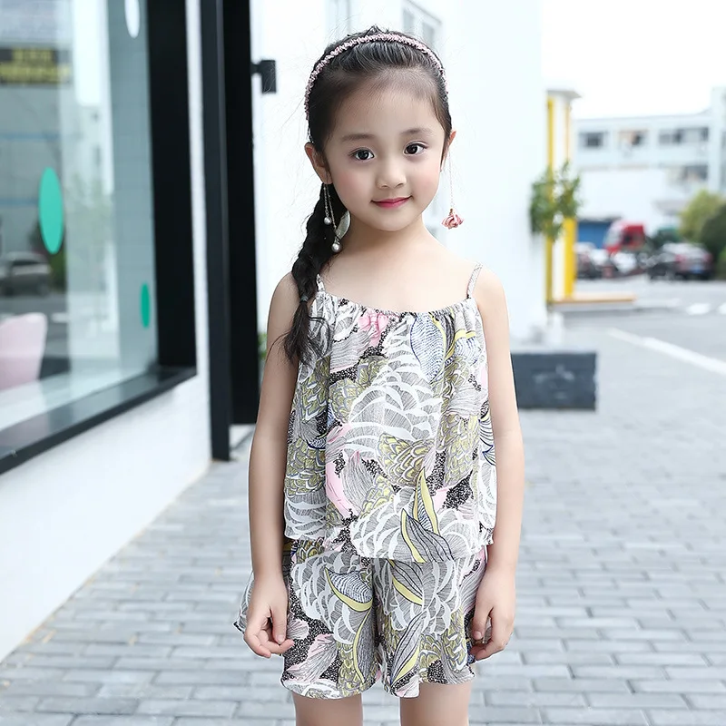 

flowers printed two piece girls shorts sets 2017 summer style kids clothes for girls sets vest shorts children clothing set