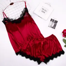 1 комплект, женская сексуальная пижама, чистый цвет, пижамный комплект, Черное кружево, v-образный вырез, без рукавов, пижама, милые атласные шорты, летняя одежда, ночная рубашка