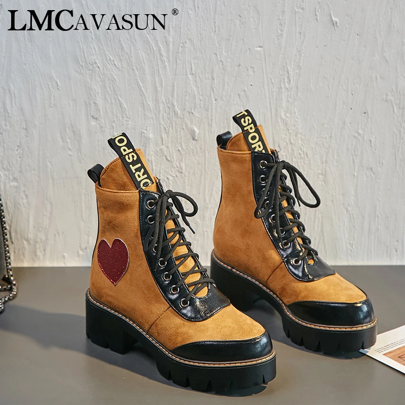 

LMCAVASUN 34-43 Autumn Ankle Boots For Women Motorcycle Boots Chunky Heels Casual Lacing Round Toe Platform Boots Shoes Female