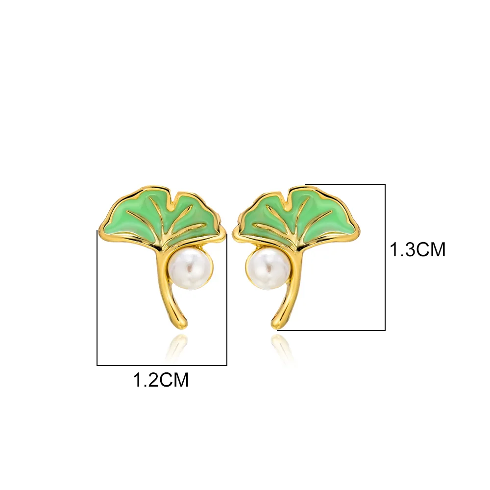 Viennois Fashion Jewelry Gold Color Mini Green Leaves Faux Pearl Stud Earrings for Women