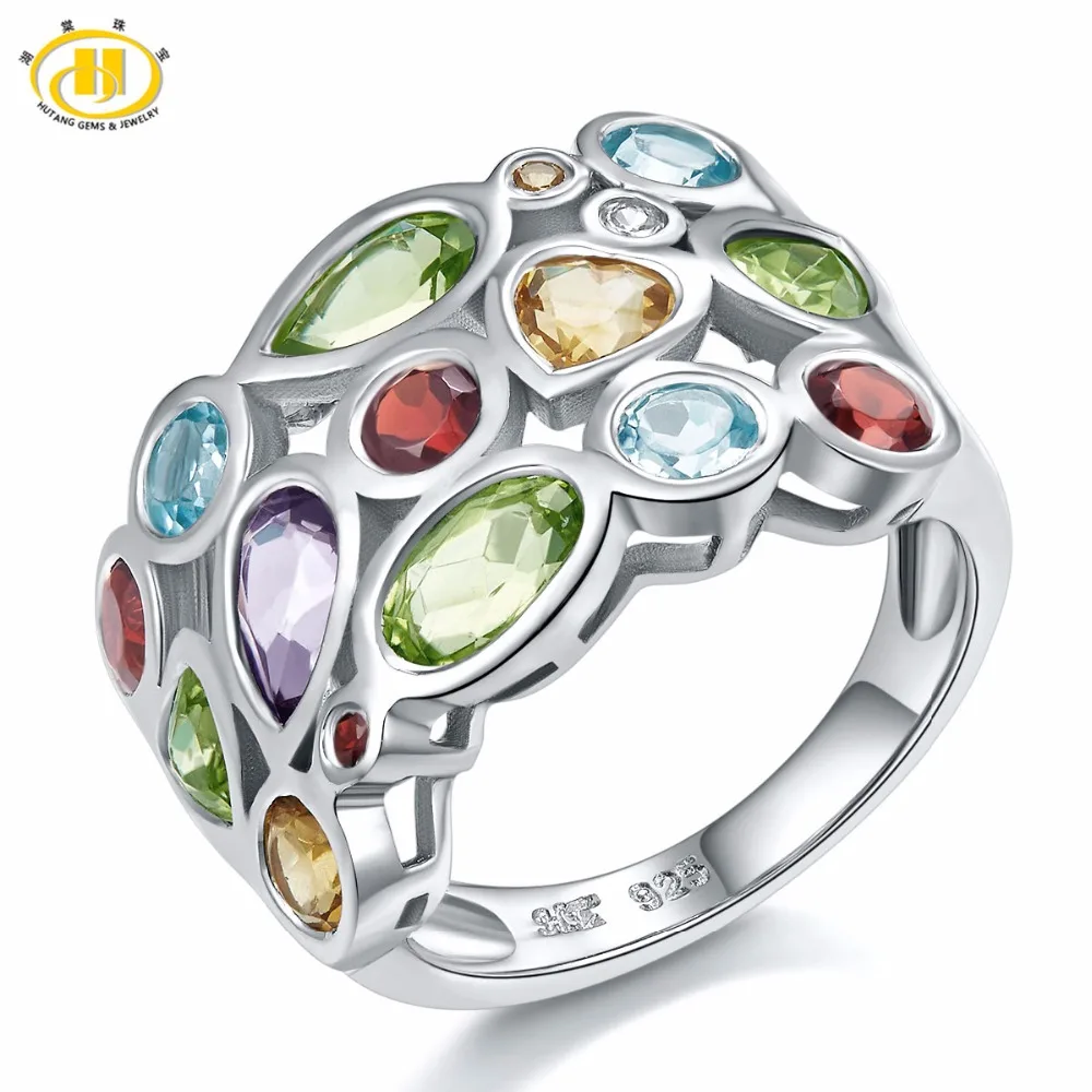 

Hutang Punk Multicolor Peridot Mix Gemstone Jewelry Solid 925 Sterling Silver Ring for Women Cocktail Engagement Ring Gift 2017