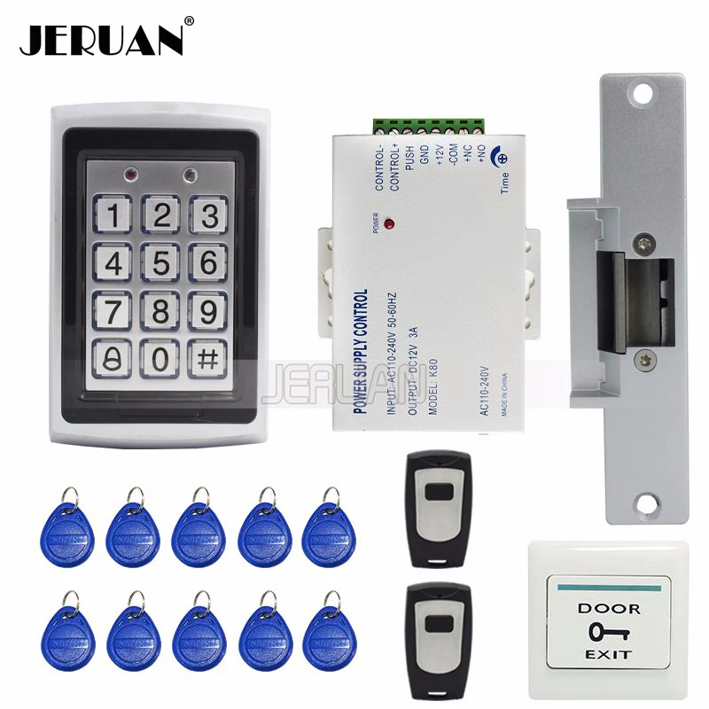 

FREE SHIPPING New Metal RFID Door Access Control System Kit Set +Strike Door Lock + Power +Exit Button + 2 Remote controller