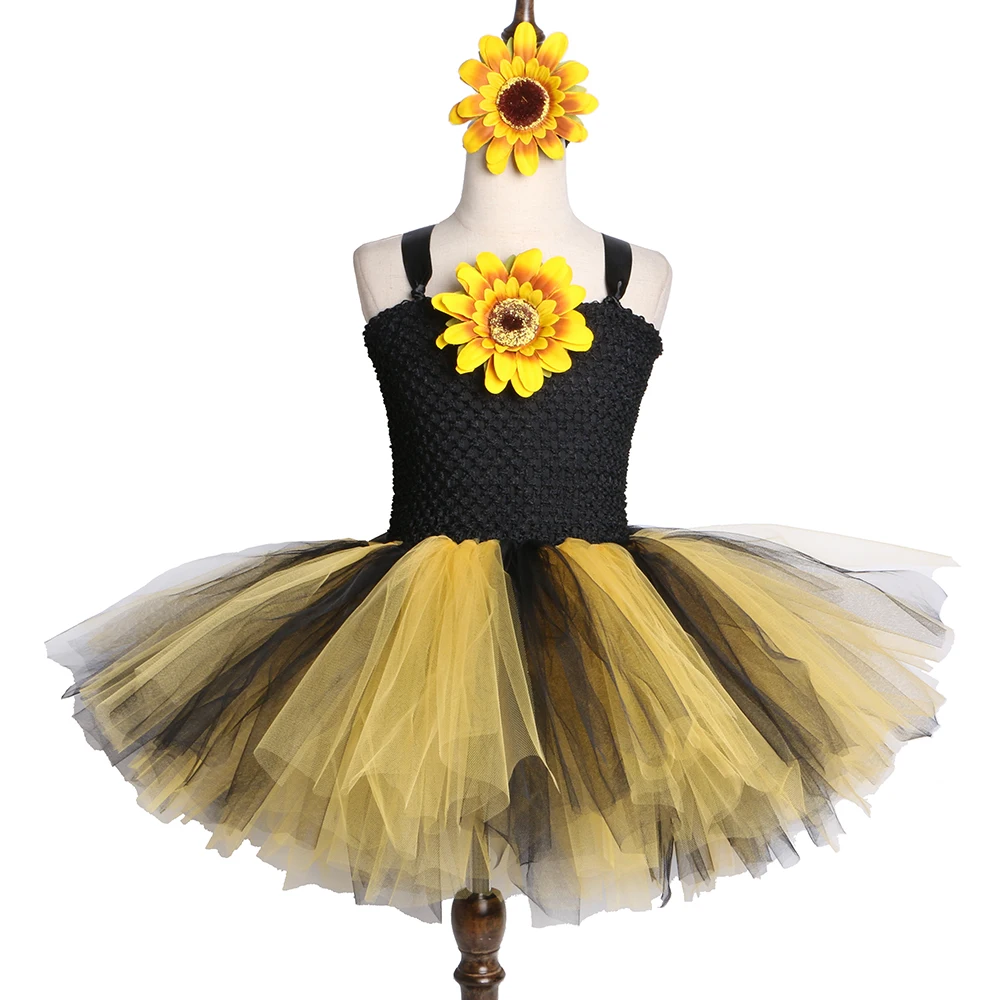 SunFlower Flower Girls Tutu Dress Black Yellow Tulle Baby Girls Birthday Party Dress Children