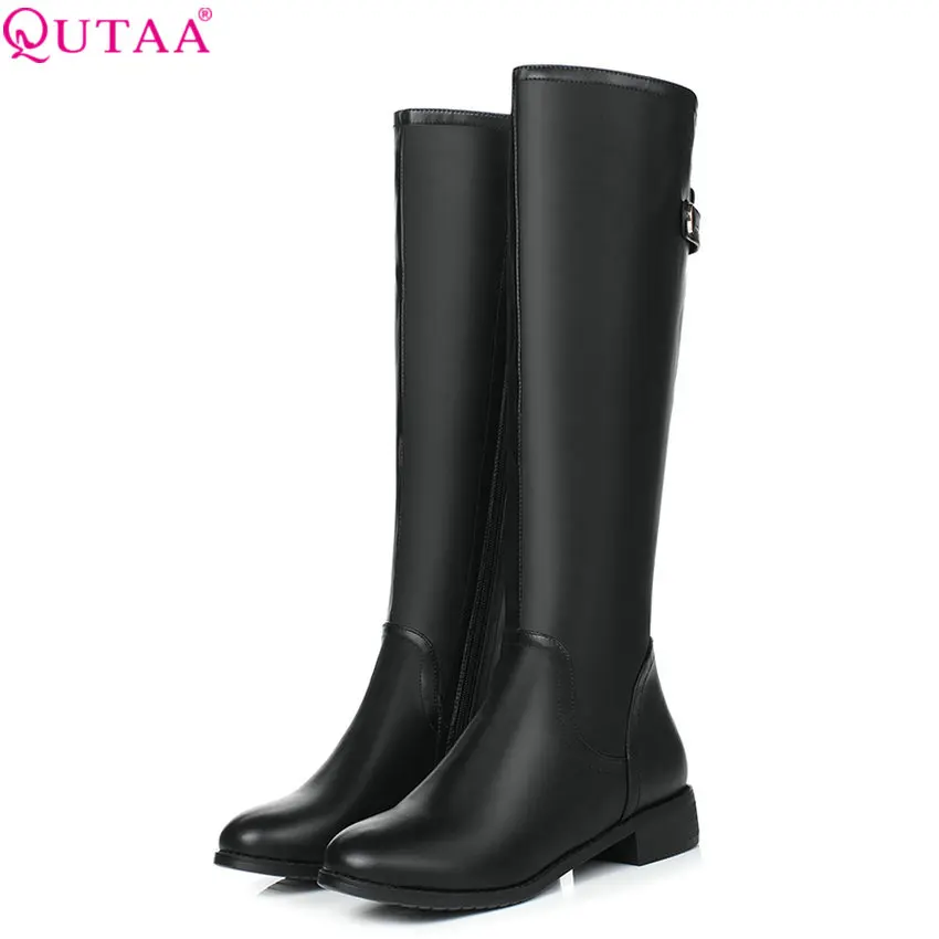 

QUTAA 2018 Fahion Women Knee High Boots Zipper Square Heel Round Toe High Quality All Match Women Motorcycle Boots Size 34-40