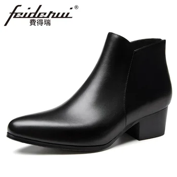 

2018 Fashion Genuine Leather Men's Martin Ankle Boots Pointed Toe High Heels Back Zip Handmade Man Cowboy Riding Shoes HQS271
