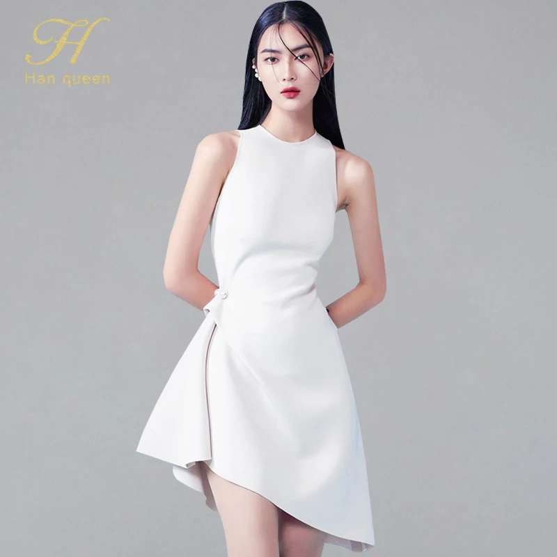 

H Han Queen Korean Office Lady Dress Vintage Irregular A-line Black/White Dresses Women Summer Sexy Evening Party Casual Vestido
