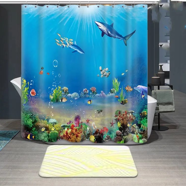 1800x1800mm Customized underwater world fish bathroom shower curtain waterproof thickening mildew bathroom curtain partition-4
