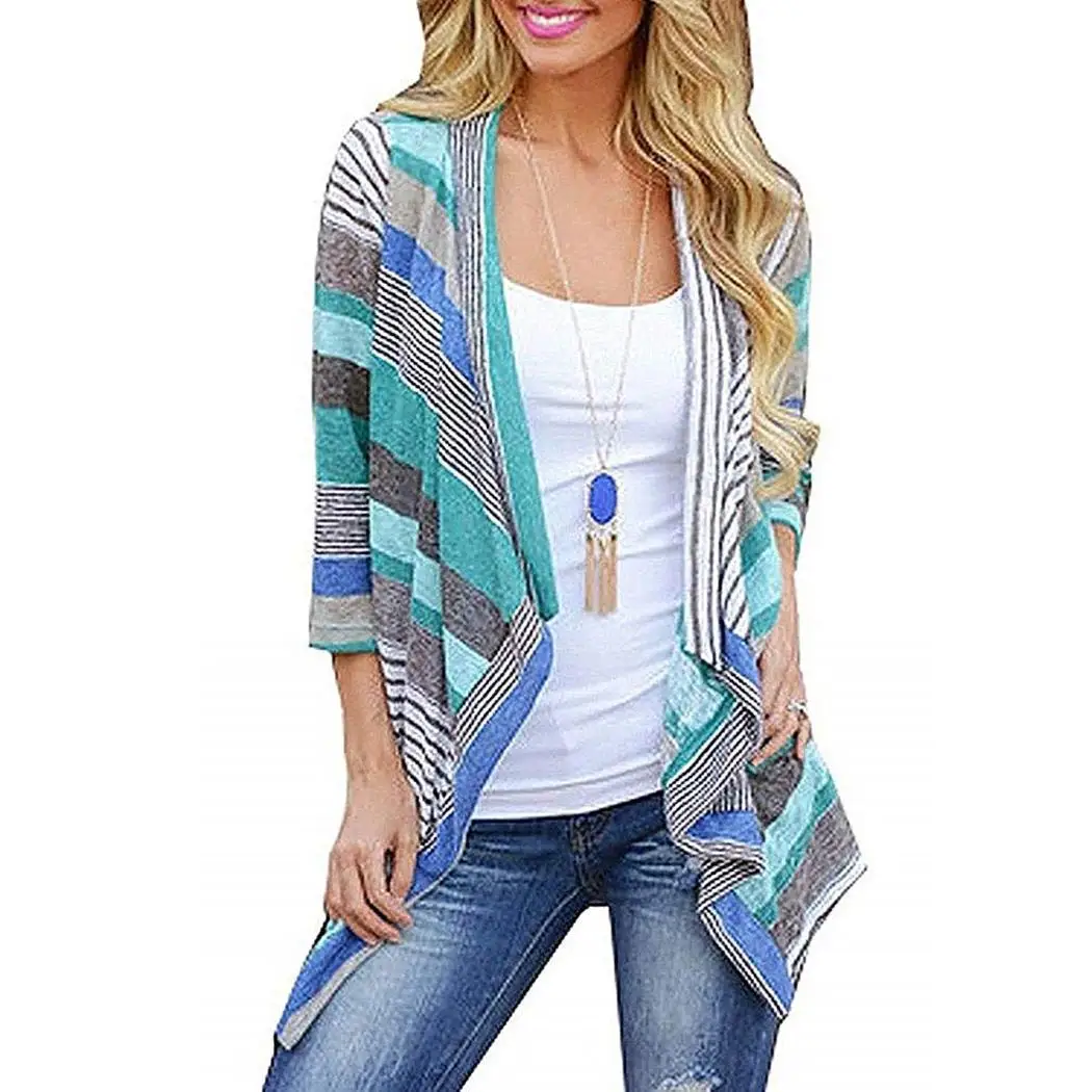 

Women Casual 3/4 Sleeve Patchwork Asymmetry Hem Loose Long Cardigan Red, Blue Summer, Spring Cardigan,