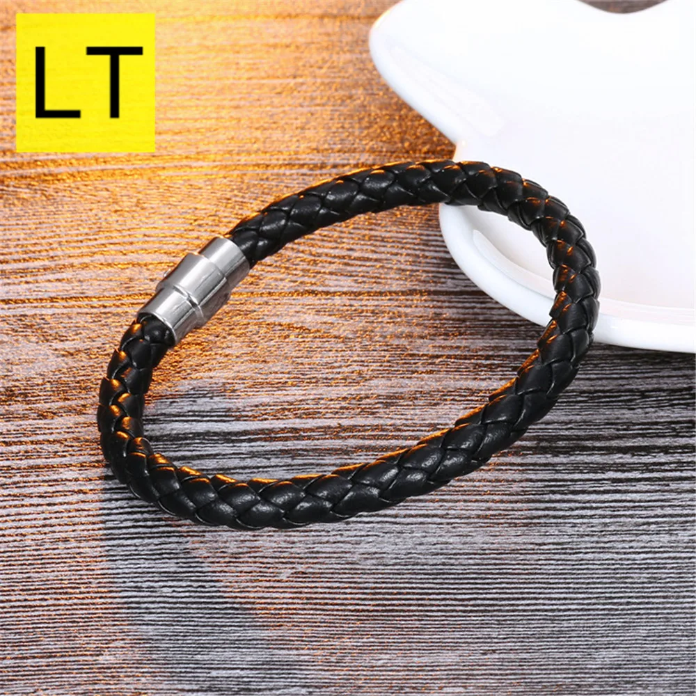 

LT Black Color Leather Knitted Bangle For Men New Fashion 6mm Classic Simple Style Bangles Steel Clasp Jewelry Q-136