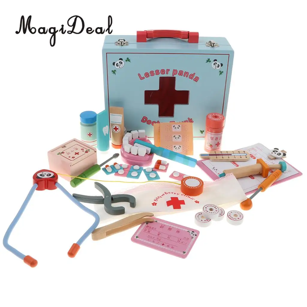 30PCS Wooden Medical Kits Box Tools Tablets Carry Case Doctor Nurse Pretend Role Playing Set Kids Educational Toy