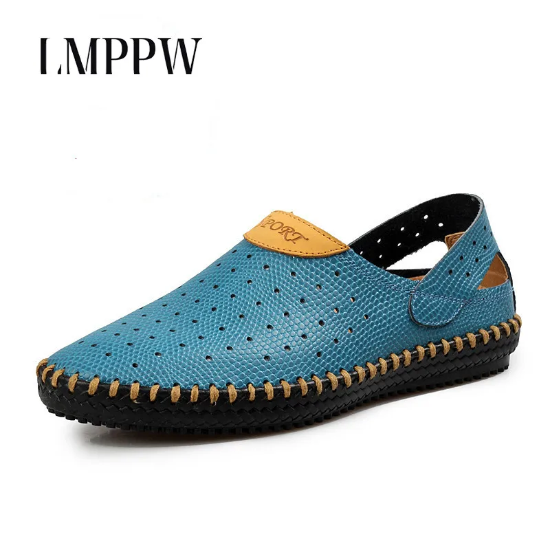 

2019 New Summer Sandals Men's Genuine Leather Fashion Roman Hole Shoes Outdoor Beach Sandals Soft Men Driving Sandals Slippers