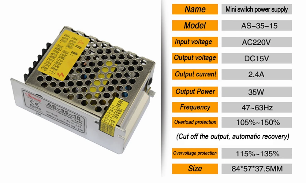 Небольшой размер импульсный источник питания как 35-12/24/15 35 Вт 12/24/15 В 3/1. 5/2. 4A светодио дный драйвер CE сертификация
