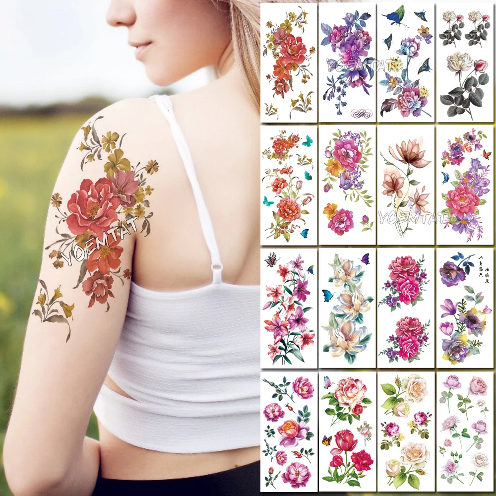 

Orange Red Flowers Water Transfer Tattoo Stickers Women Peony Rose Body Chest Art Temporary Tattoo Girl Waist Women