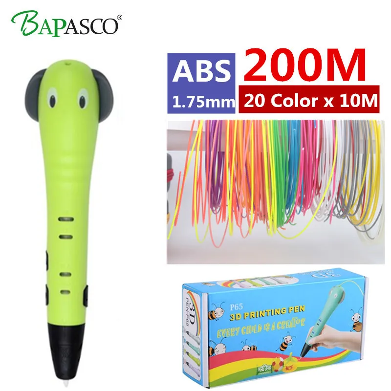 

BAPASCO P65 3D Pen Add 200M(20Color) ABS Filament 3D Drawing Pen EU/US/AU/UK Best intelligent Gift For Kid Printing Pen 3D Model
