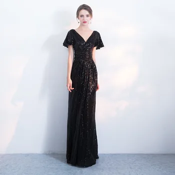

Black Women V-Neck Slim Evening Party Dress Floor Length Elegant Long Vestidos Summer Short Sleeve Noble Banquet Gowns XS-XXL