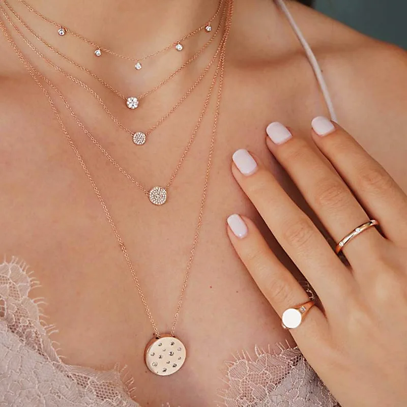 

Miss JQ Delicate Triple Chain Necklace for Women Bohemian Vintage Gold Fashion Flash Dazzling Rhinestone Chain Pendant Necklace