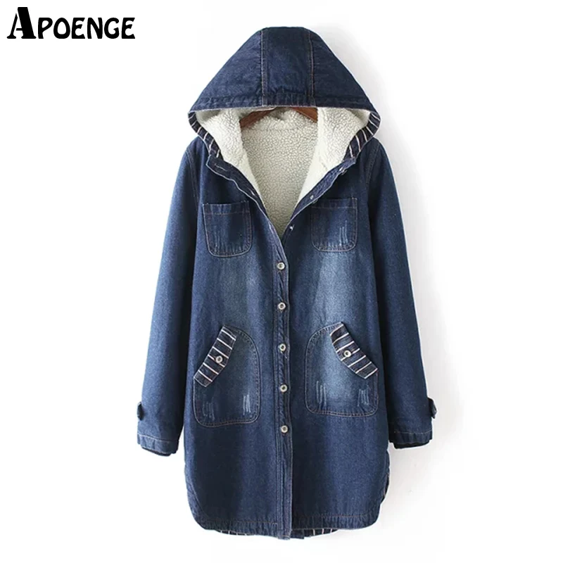 

APOENGE Women Thicked Denim Jeans Coat Jacket 2017 Winter Female Hooded Lambswool Long Parkas Mujer Pockets Padded jaqueta QN430