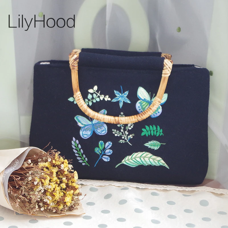 

LilyHood Handmade Embroidery Wool Tote Bag Autumn Instagram Natural Floral Style Book School Black Bamboo Handle Shoulder Bag