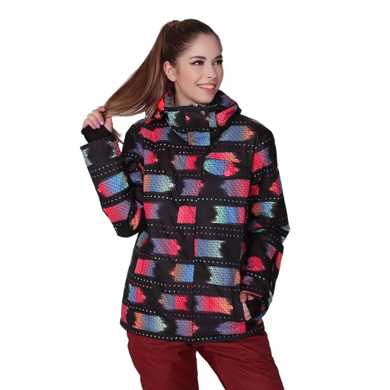 Gsou snow womens ski jacket black with red pattern skiing jacket lady