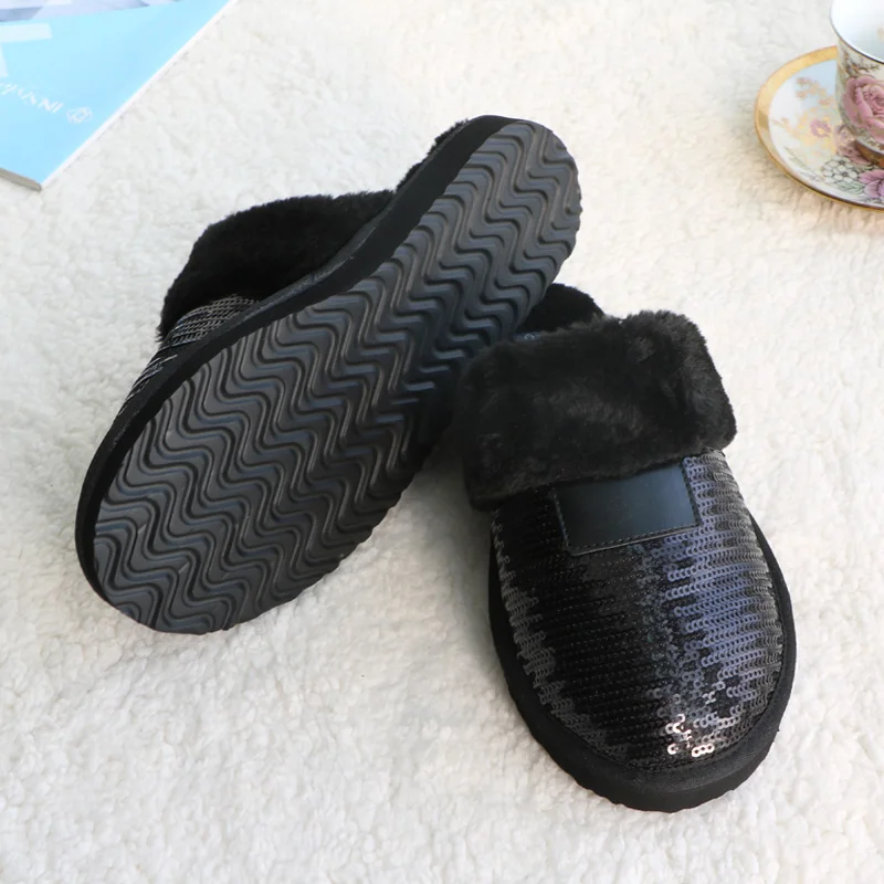 New Winter Black Sequined Women Slippers Fur Warm Plush Female Slides Indoor EVA Flat Slides Home Flip Winter Shoes Slip-on