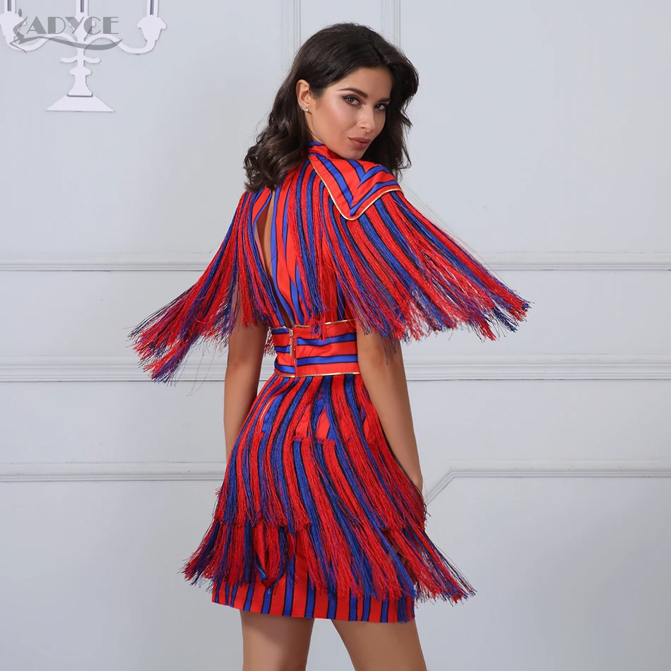 red and blue fringe dress