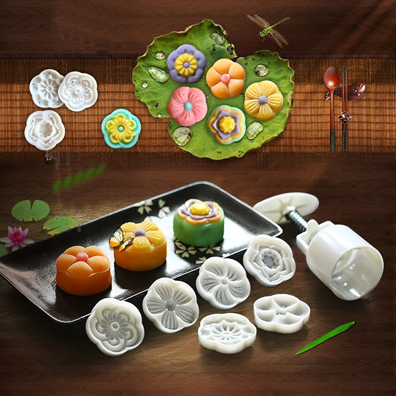 JX-LCLYL DIY 50g Moon Cake Mold W/6 Stamps Mid Autumn Festival Decoration Press