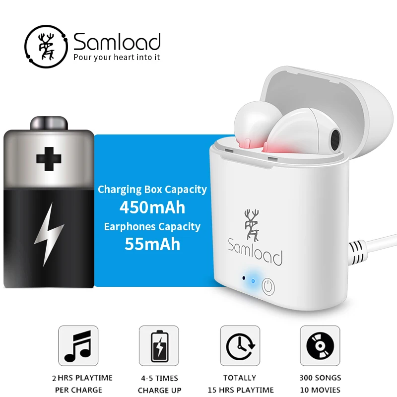 Samload Bluetooh Earphone Earbuds i7 TWS Stereo Earphone Wireless Music Headset Sport For Apple iPhone 6 Xiaomi Huawei Android