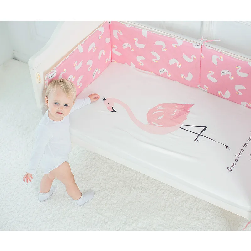 MuslinTree pink swan pattern baby crib bumper infant boy girls cot bumper bedding