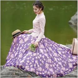 Для женщин Юбки для женщин 2018 Весна Новая мода хлопок Фиолетовый китайский Фея плиссированные юбки k-1038 печатных сладкий Обувь для девочек