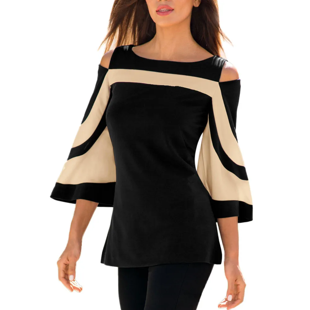 Страуса Мода с открытыми плечами блузка для женщин Лоскутная с расклешенными рукавами Тонкий пуловеры повседневные женские топы элегантная рубашка