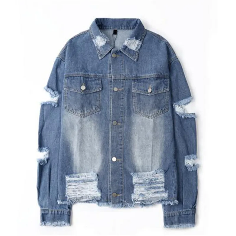 MORUANCLE Hi Street Men Ripped Denim Jackets Destroyed Hip Hop Jean Jacket With Holes Streetwear 