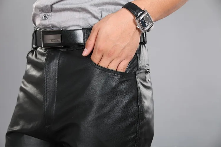 M-7xl размера плюс, модные кожаные штаны, мотоциклетные штаны, мужские прямые штаны из натуральной кожи, мужские прямые штаны на плоской молнии