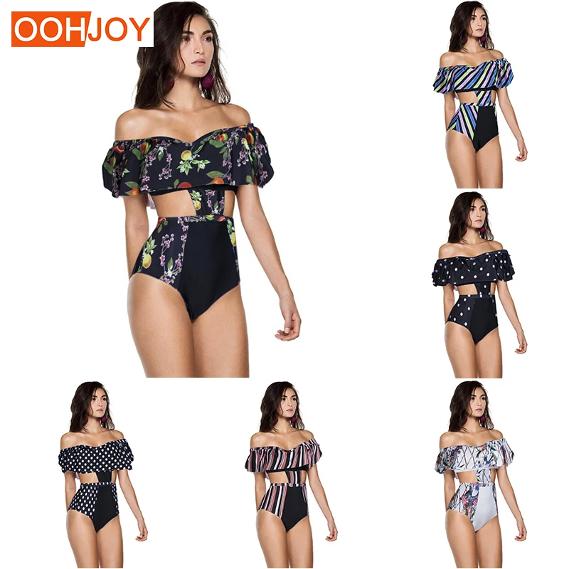 

New Off Shoulder One Piece Suit Women Bathing Suit Multi Pattern Print Swimsuit S-XL Girl High Waist Swimwear Bikini Set