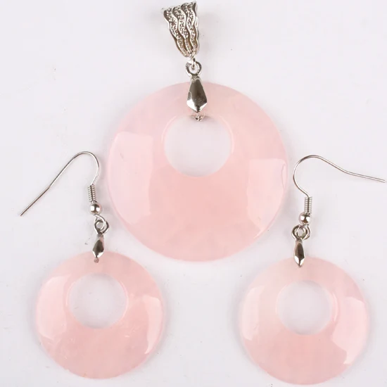 

New Natural Rose Pink Quartz Donut Beads Pendant & Dangle Earrings Jewelry 1 Set