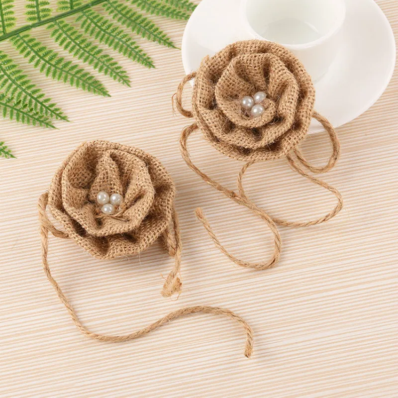

9pcs Natural Linen Jute Burlap Pearl Flower Handmade DIY Craft Accessories Christmas Home Decor Rustic Wedding Party Decoration